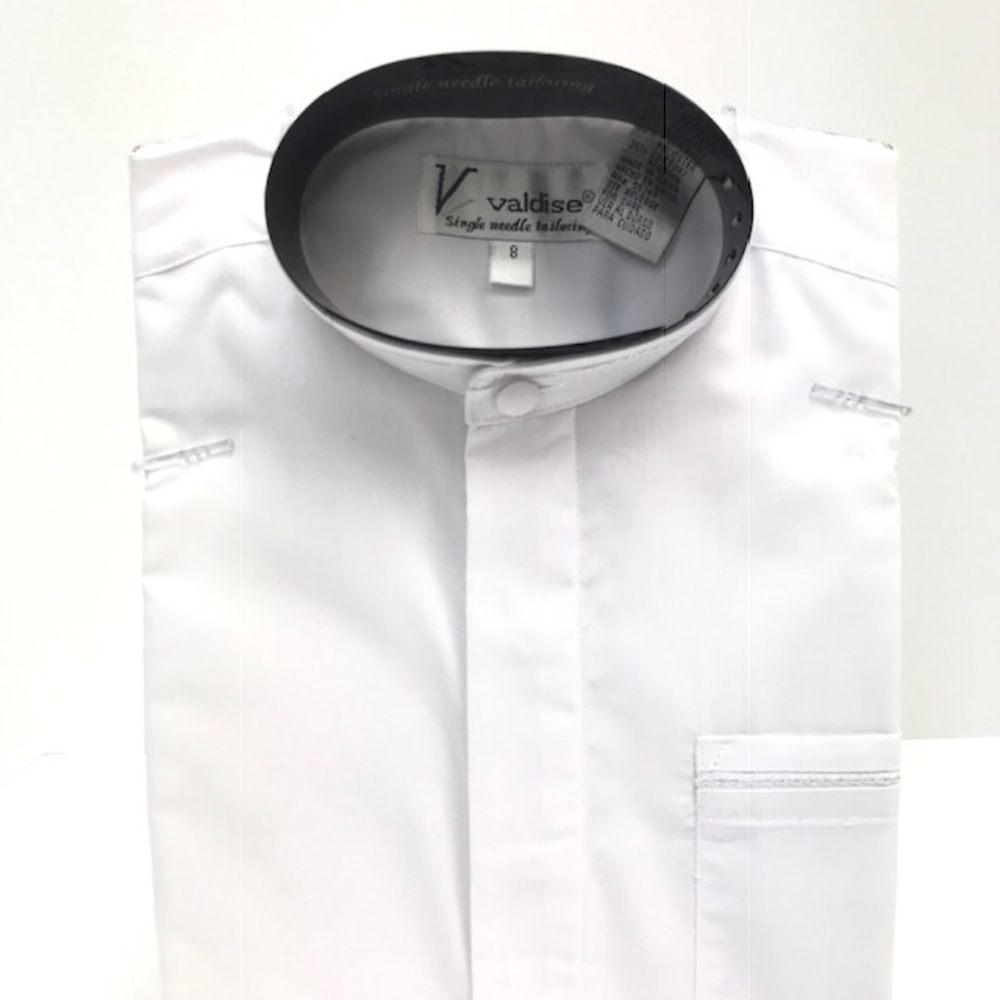 Valdise Boys White Dress Shirt with Banded Collar Pocket Sizes 8 - 18